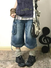 Women's American Retro Cargo Denim Jorts – Y2K Boyfriend-Fit Calf-Length Harajuku High Street Shorts