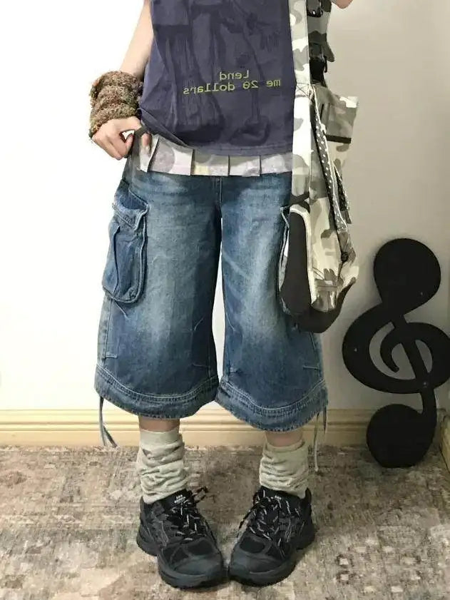 Women's American Retro Cargo Denim Jorts – Y2K Boyfriend-Fit Calf-Length Harajuku High Street Shorts
