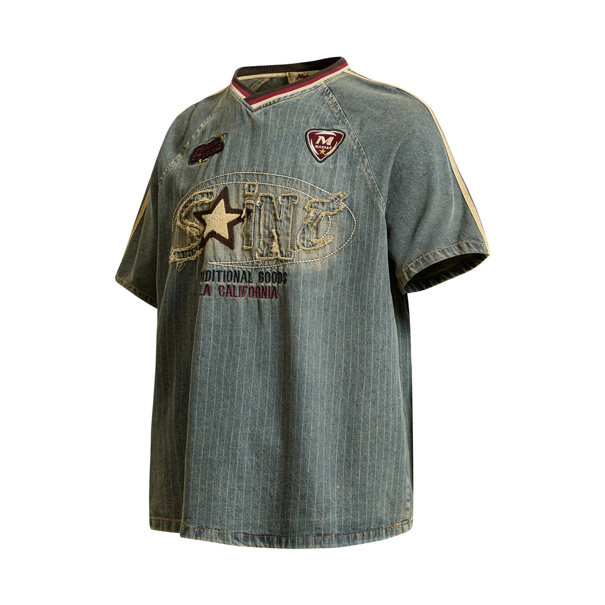 Premium Unisex Denim T-Shirt – Vintage Distressed V-Neck Casual Streetwear Top for Men & Women