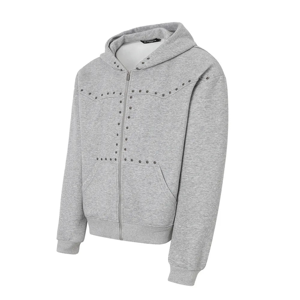 Men’s Studded Hooded Cardigan Sweatshirt – Loose-Fit Streetwear Jacket, Trendy Sporty Casual Top