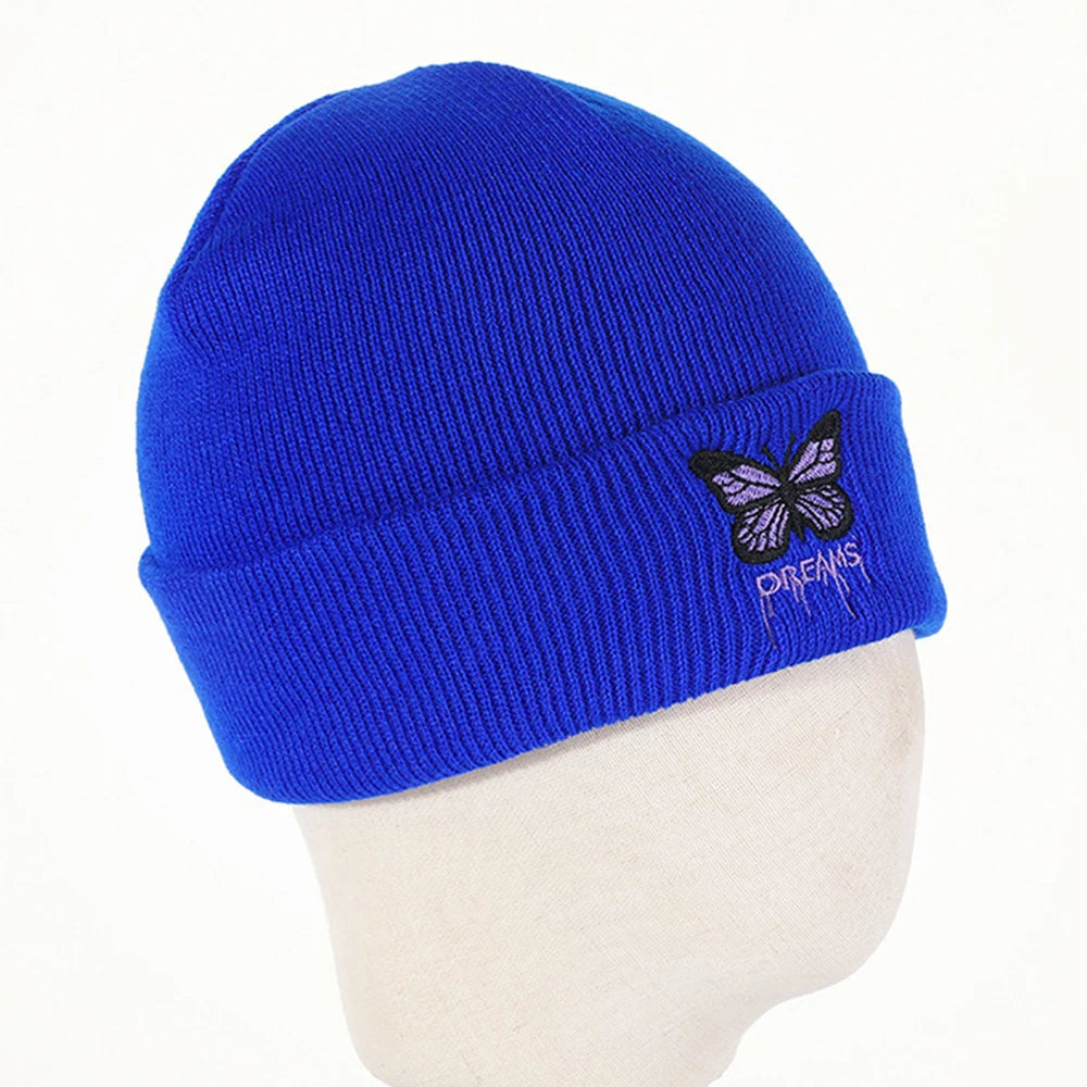 Women’s Cartoon Butterfly Knitted Beanie – Cute Crochet Winter Hat, Warm Autumn Outdoor Cap