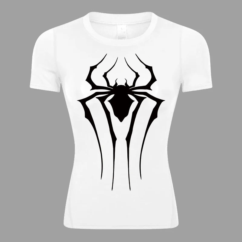 Women’s Spider Print Compression Shirt – Short Sleeve Athletic Top for Running, Gym & Yoga