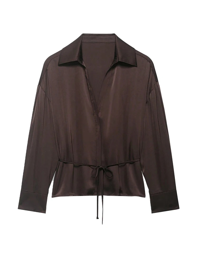 Women’s Satin Blouse – Belted Waist, Long Sleeve Lapel Top