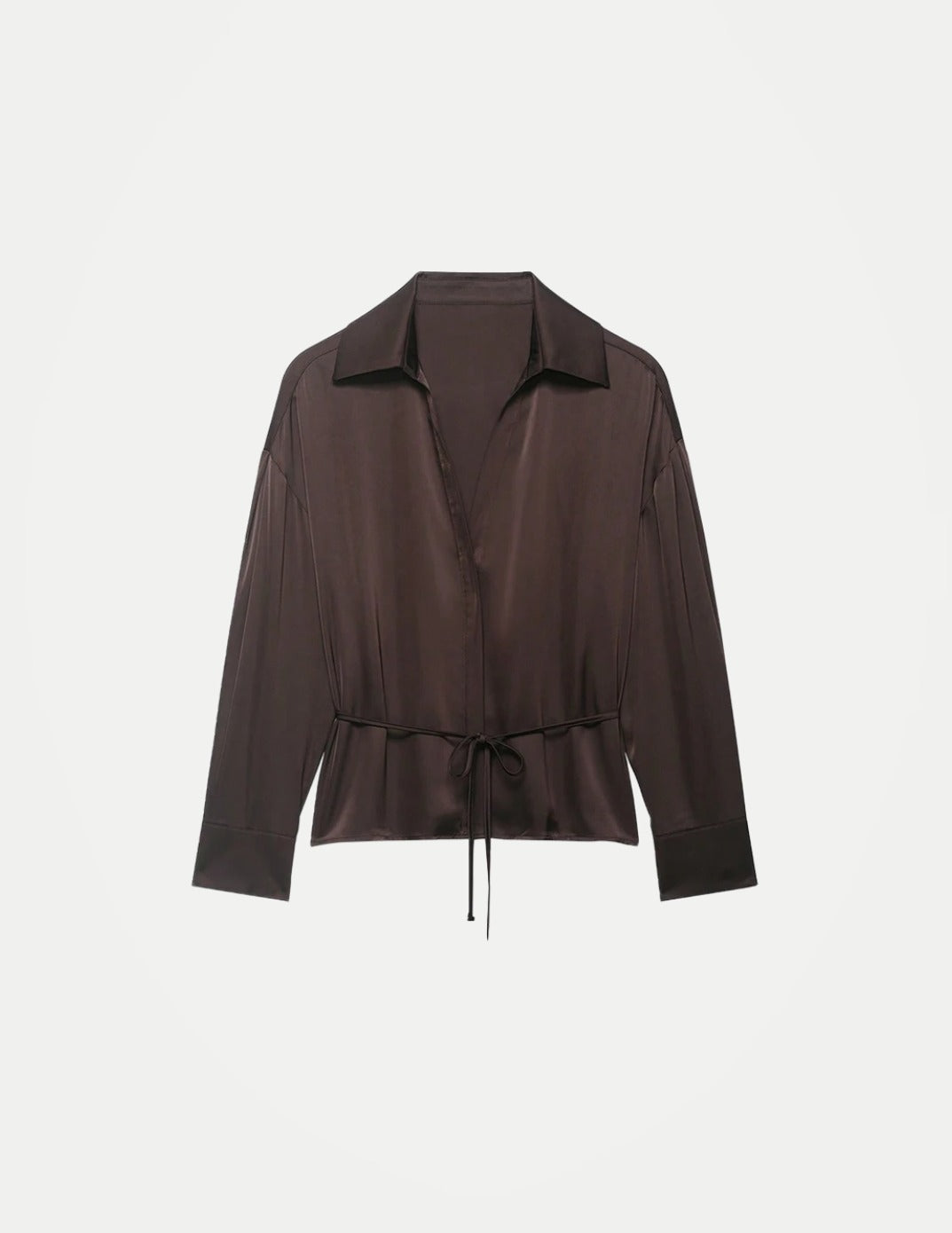 Women’s Satin Blouse – Belted Waist, Long Sleeve Lapel Top