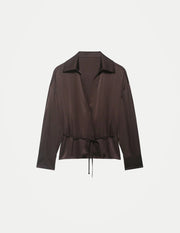 Women’s Satin Blouse – Belted Waist, Long Sleeve Lapel Top