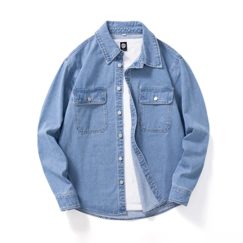 Men’s Loose Fit Denim Shirt – Solid Color Casual Overshirt | Versatile Everyday Wear