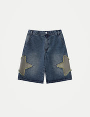 Women’s High-Waist Star Patch Denim Shorts – Loose Wide-Leg Boyfriend Jorts | Summer Casual