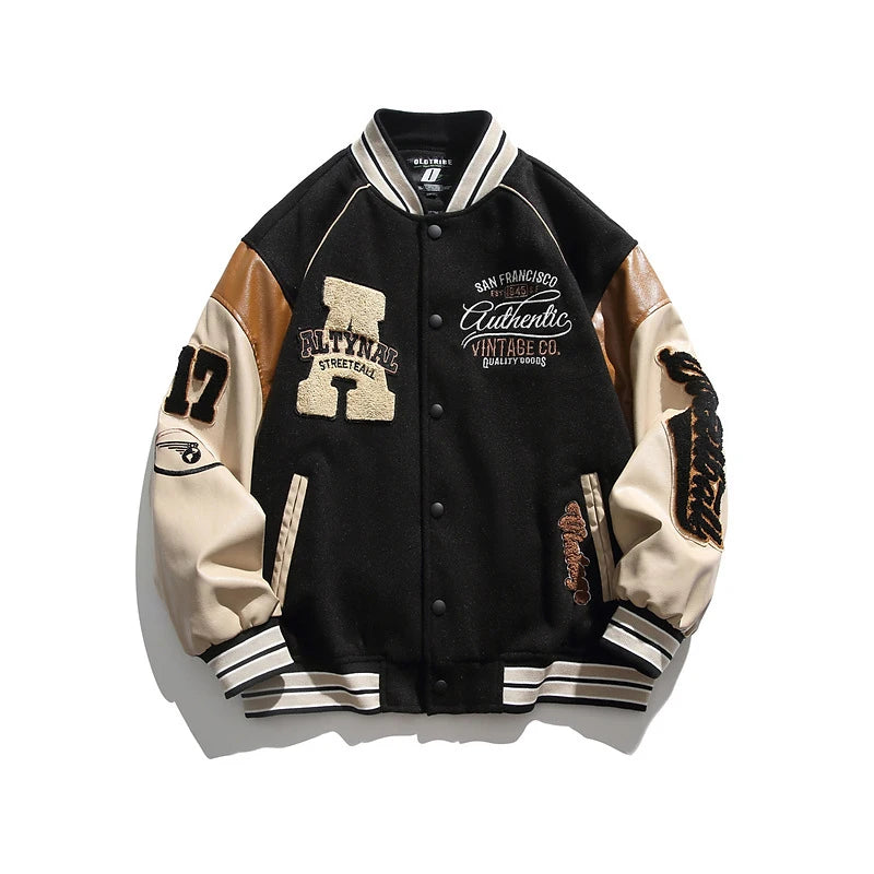 Men’s Embroidered Baseball Jacket – Casual Spliced Windbreaker Coat, Stylish Autumn Outdoor Streetwear Jacket