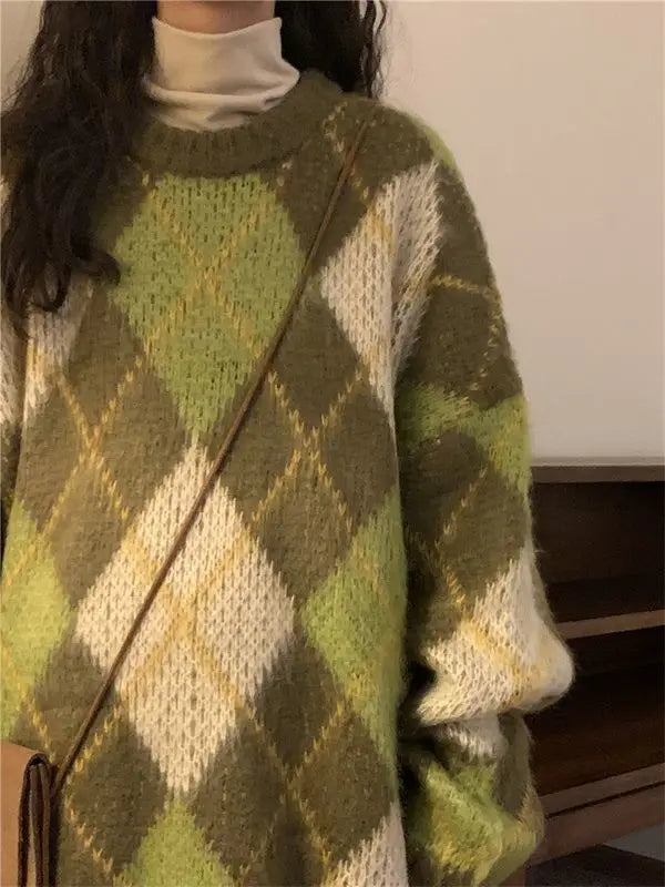 Women's Retro Argyle Pullover Sweater – Harajuku BF Style Oversized Knit
