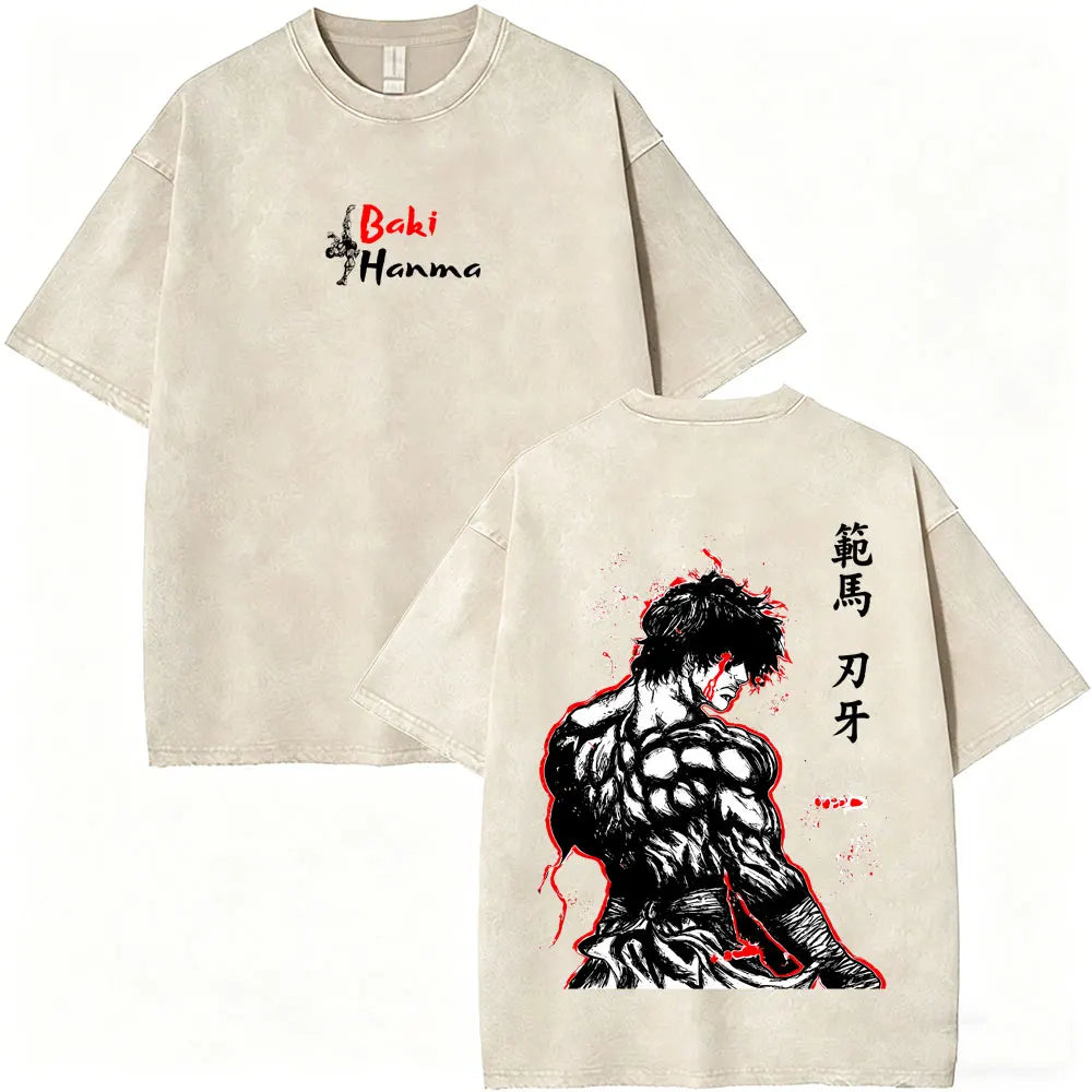 Unisex Baki Hanma Anime T-Shirt – Vintage Washed Oversized Retro Manga Cotton Tee