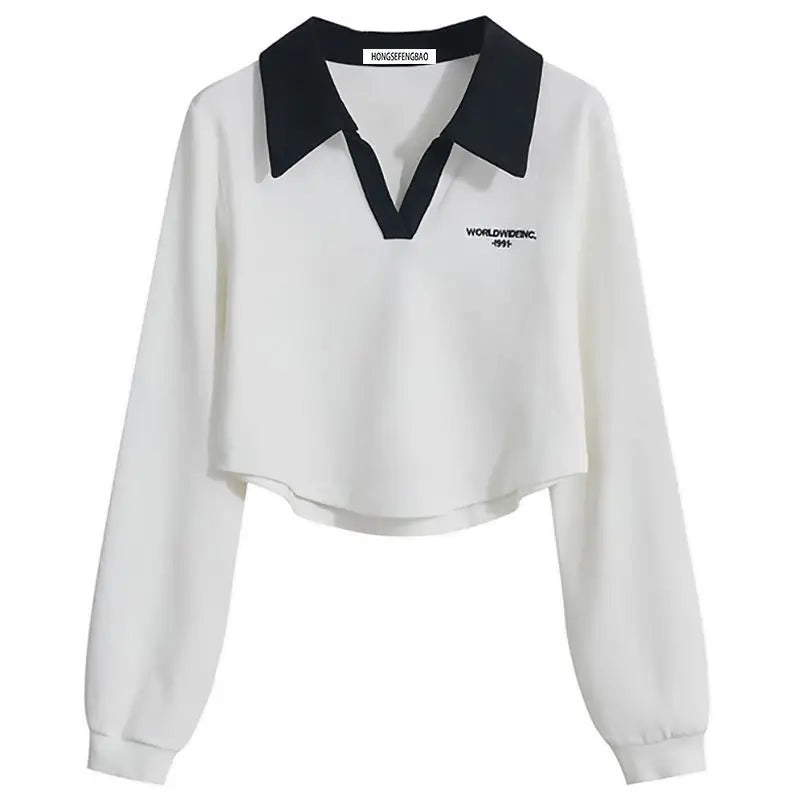 Women’s Vintage Letter Print Sweatshirt – Asymmetrical Loose Fit Polo Collar Top