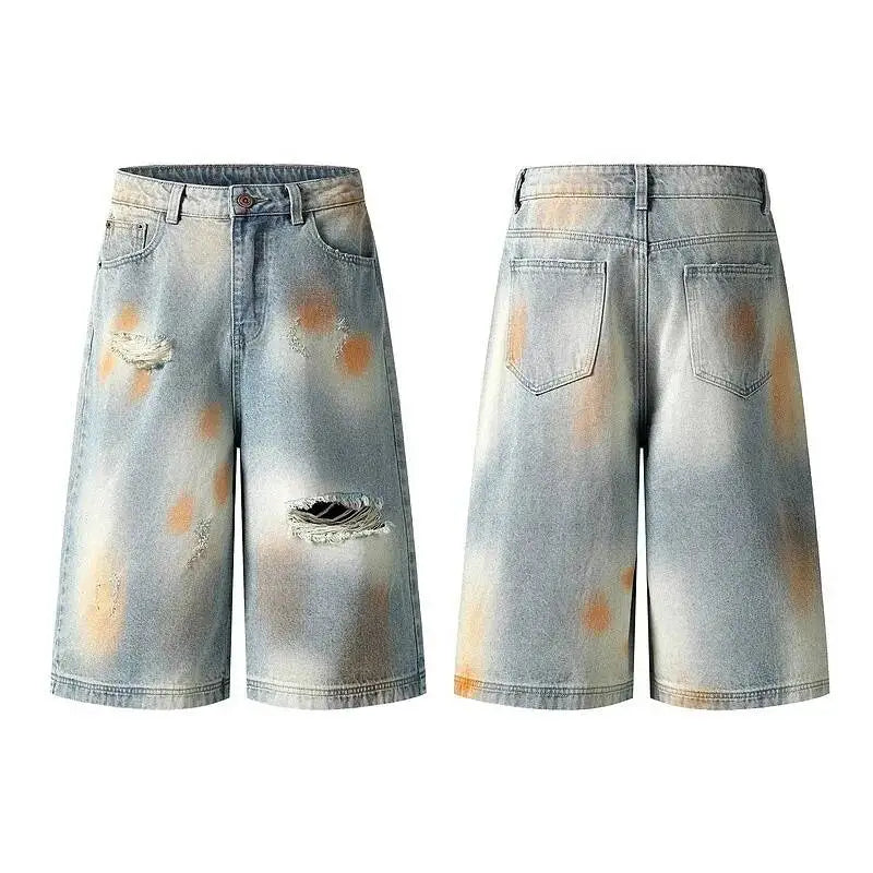 IEFB Men’s Distressed Denim Shorts – Contrast Color Washed Knee-Length Wide-Leg Shorts, Summer Streetwear Jeans