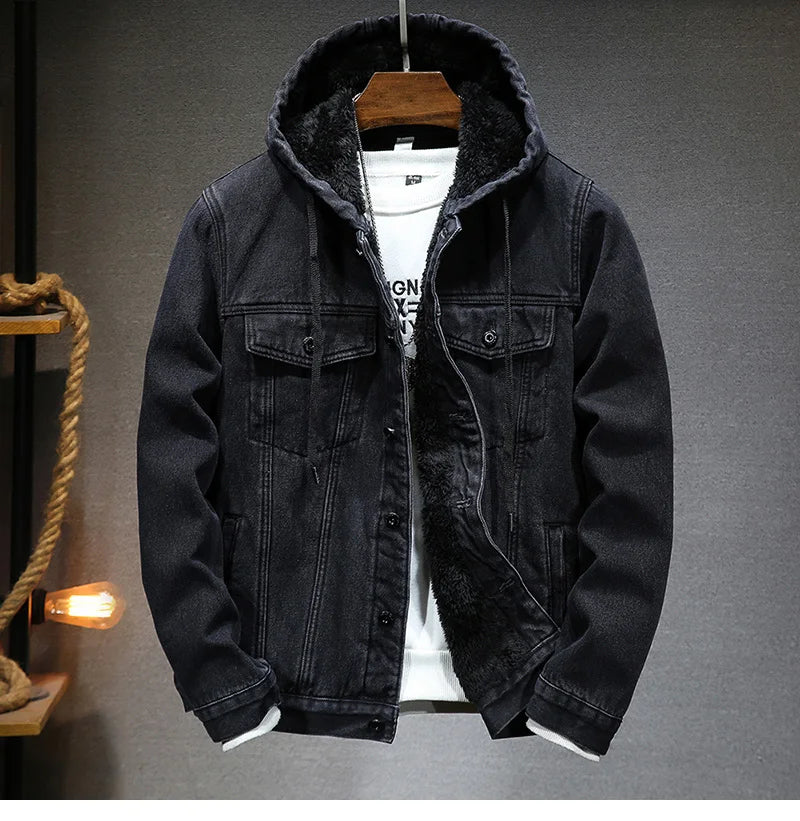 Men's Winter Hooded Denim Jacket – Fleece Thick Thermal Warm Coat