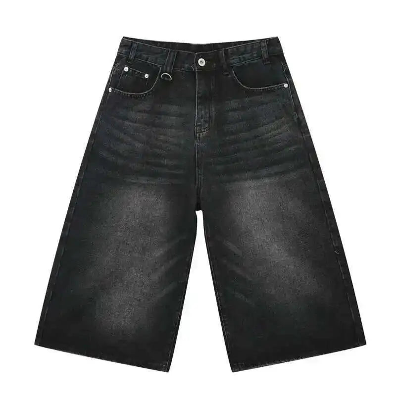 IEFB Men’s Vintage Wide-Leg Denim Shorts – Loose Fit Washed Knee-Length Jeans | Korean Summer Streetwear