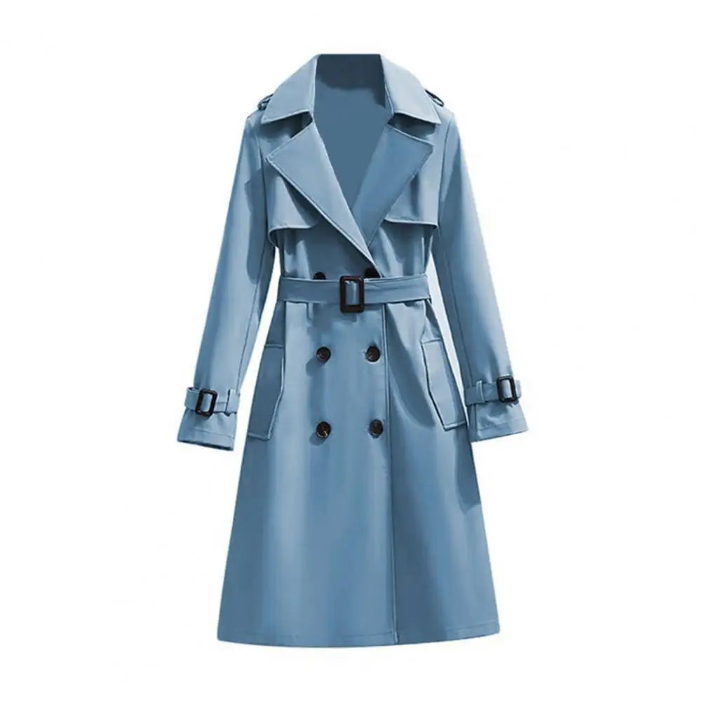 Women’s Classic Double-Breasted Trench Coat – Long Belted Notch Lapel Overcoat, Elegant Fall & Winter Outerwear
