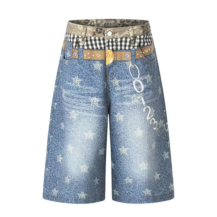 Men’s Star Print Denim Shorts – Vintage Blue Hip Hop Jorts | Harajuku Streetwear