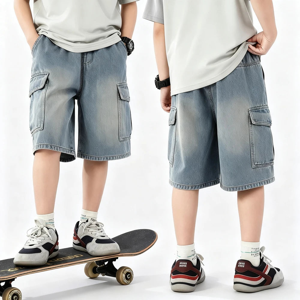 Boys’ Summer Denim Shorts – Loose Wide-Leg Knee-Length Jeans with Big Pockets | Solid Color Casual Streetwear for Kids & Teenagers