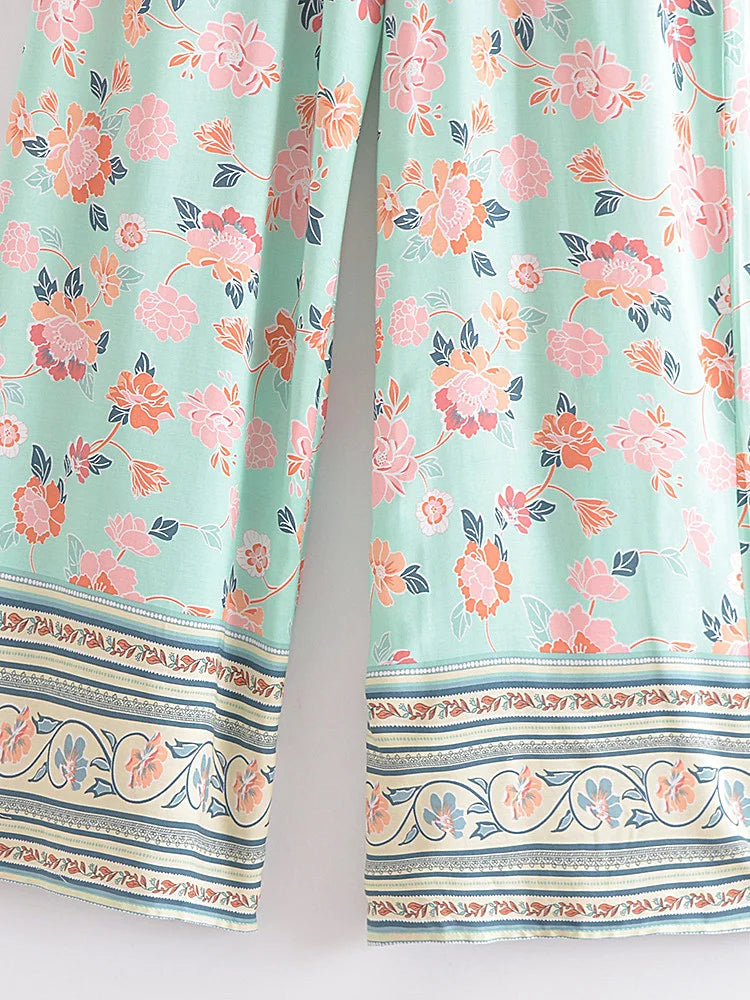 Women’s Floral Wide Leg Boho Pants – Vintage Chic High-Waisted Rayon Trousers