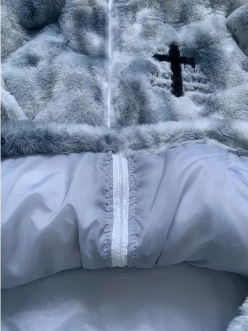 Men Rabbit Fur Jacket Coats Hip Hop Cross Letters Winter Fleece Jacket Streetwear Casual Harajuku Coat Zip Up Fashion Outerwear