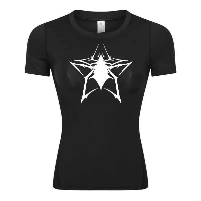Women’s Spider Print Compression Shirt – Short Sleeve Athletic Top for Running, Gym & Yoga
