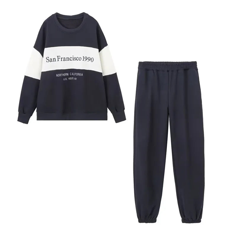 Women’s Embroidered Text Sweatshirt – Long Sleeve Color Block Crew Neck Casual Top