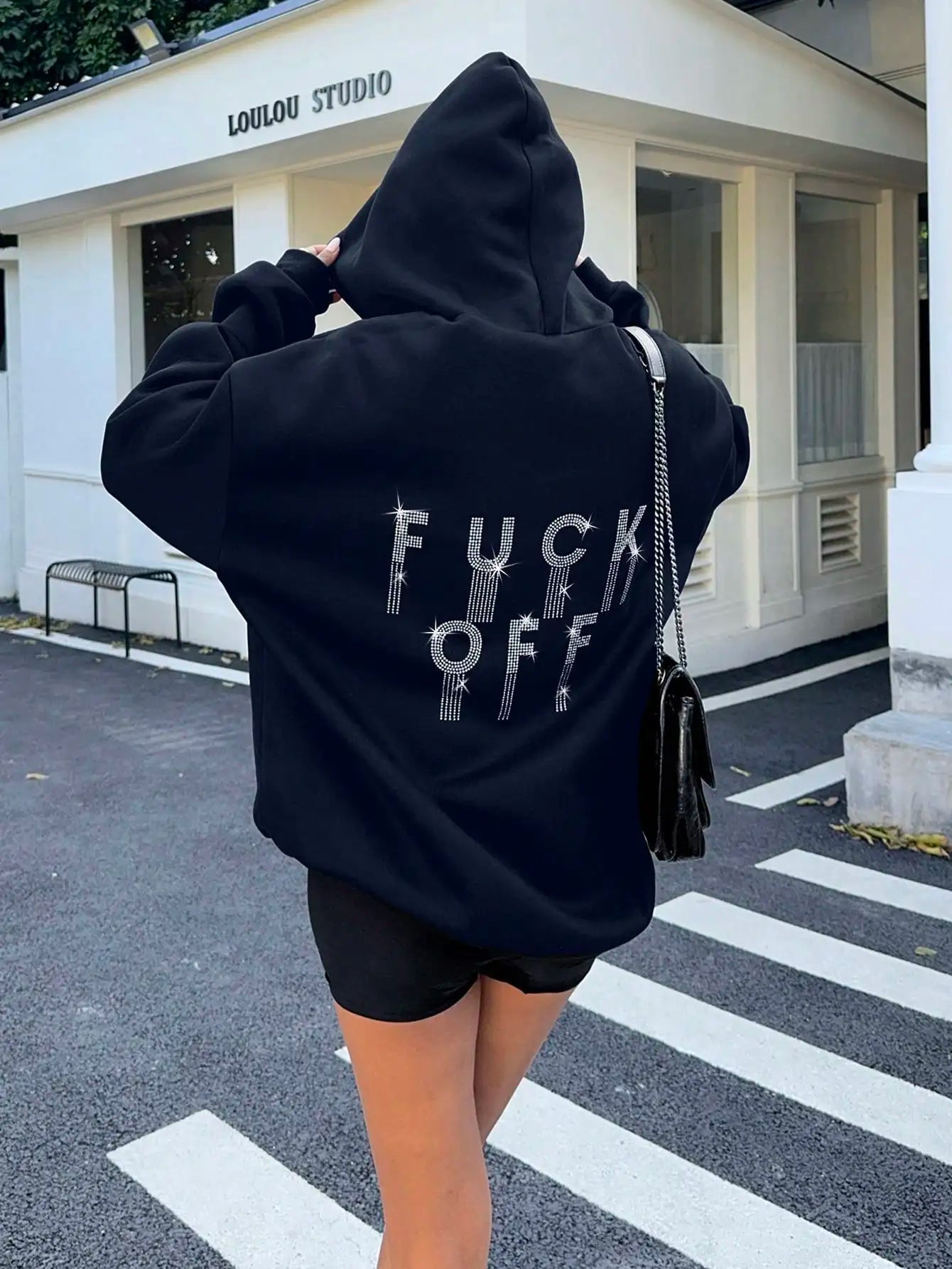 Women's Rhinestone Letter Graphic Hoodie – Casual Loose Thermal Sweatshirt