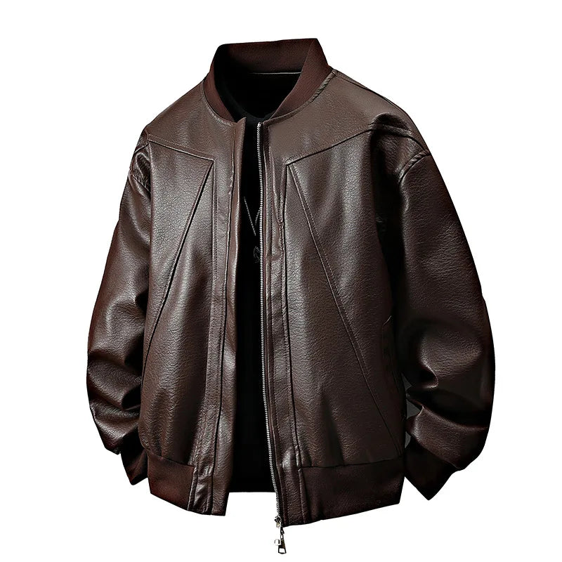 Men’s American-Style Leather Jacket – Baseball Collar Silk-Lined Bomber | Loose-Fit Spring Casual Outerwear