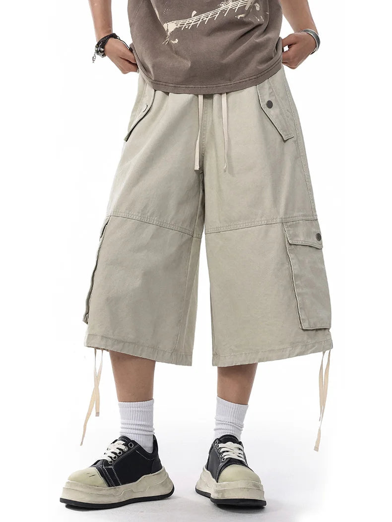 Unisex Wide-Leg Cargo Pants – Washed Cotton Baggy Calf-Length Streetwear Trousers