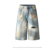 IEFB Men’s Distressed Denim Shorts – Contrast Color Washed Knee-Length Wide-Leg Shorts, Summer Streetwear Jeans
