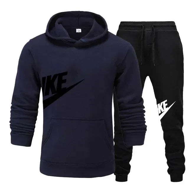 Men’s Autumn Winter Tracksuit Set – Printed Hooded Pullover & Loose Fit Pants