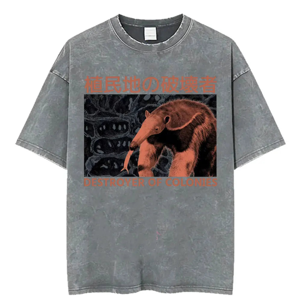 Unisex Funny Cat Graphic T-Shirt – Vintage Japanese-Style Washed Tee | Oversized Casual Streetwear