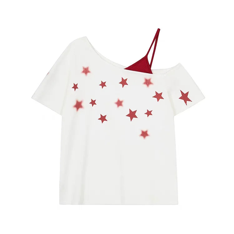 Women’s Y2K Star Graphic T-Shirt – Off-Shoulder Oversized Top | 100% Cotton Summer Tee