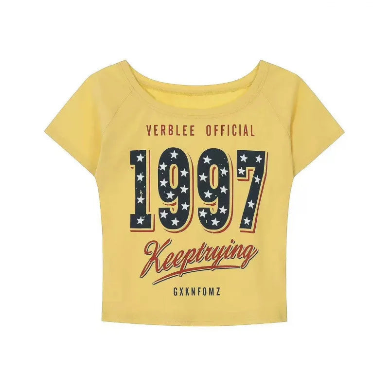 Women’s Summer Letter Print T-Shirt – American Retro Star Short Sleeve Slim Fit Streetwear Top