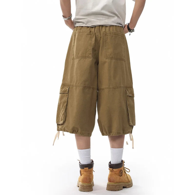Unisex Wide-Leg Cargo Pants – Washed Cotton Baggy Calf-Length Streetwear Trousers