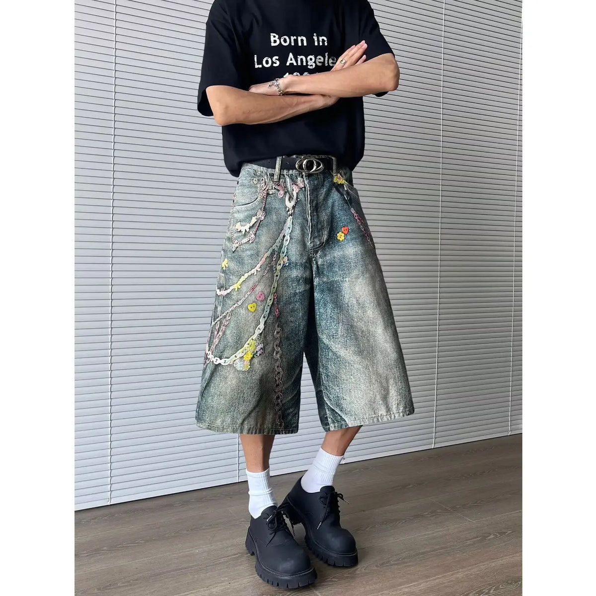 Men’s Retro Chain-Print Denim Shorts – Loose Wide-Leg Cropped Pants | American Hip-Hop Streetwear