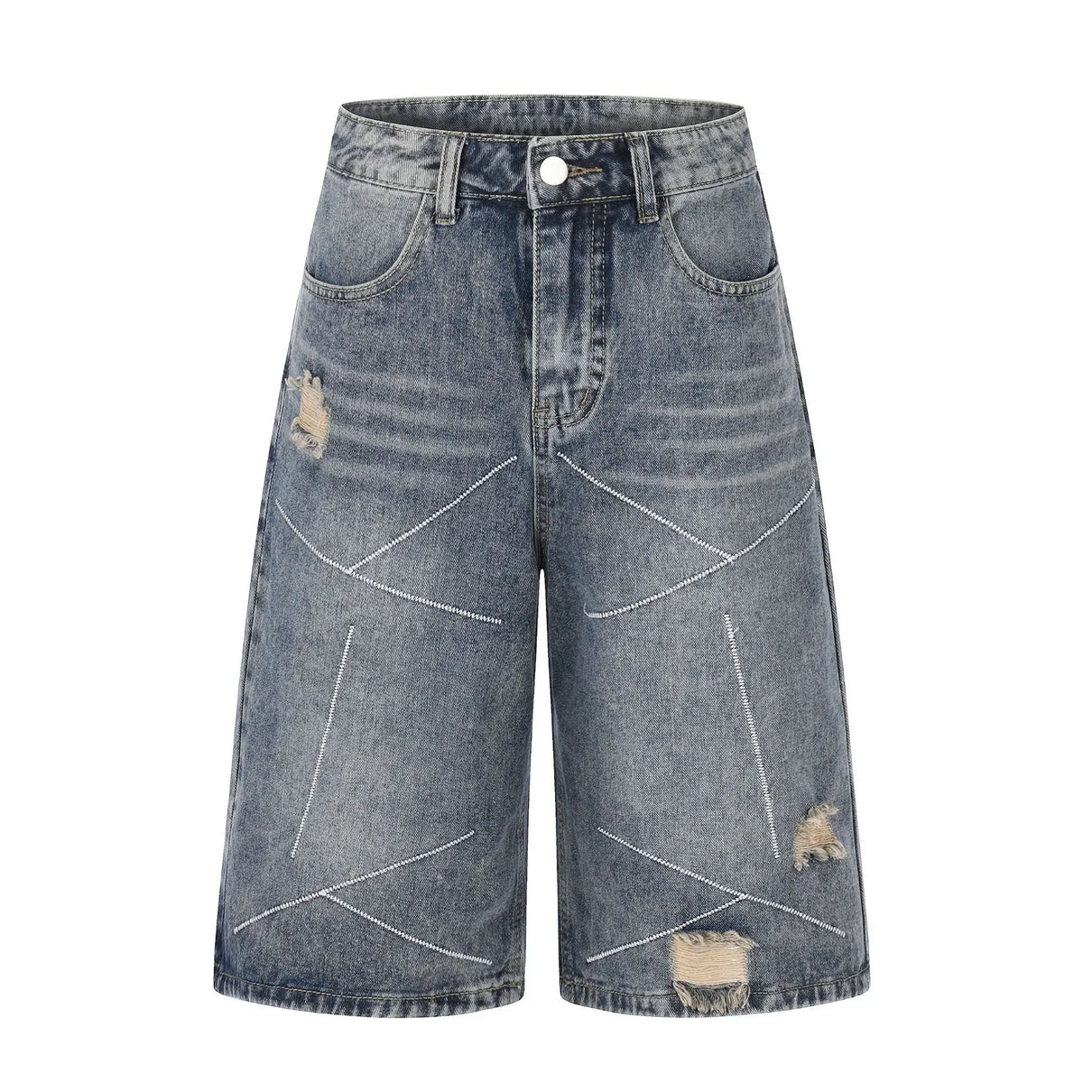 MWJLPWQ Unisex Ripped Denim Shorts – High Street Embroidered Wide-Leg Cropped Jeans, Loose-Fit Summer Streetwear