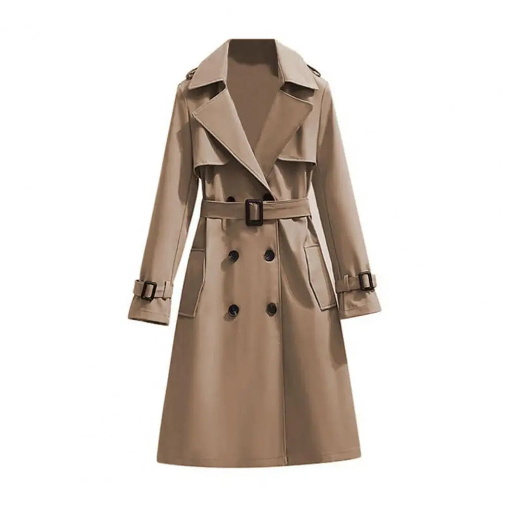 Women’s Classic Double-Breasted Trench Coat – Long Belted Notch Lapel Overcoat, Elegant Fall & Winter Outerwear
