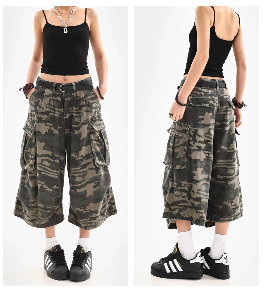 Women's Y2K Camouflage Harajuku Denim Capri Pants – Goblin Core Street Style