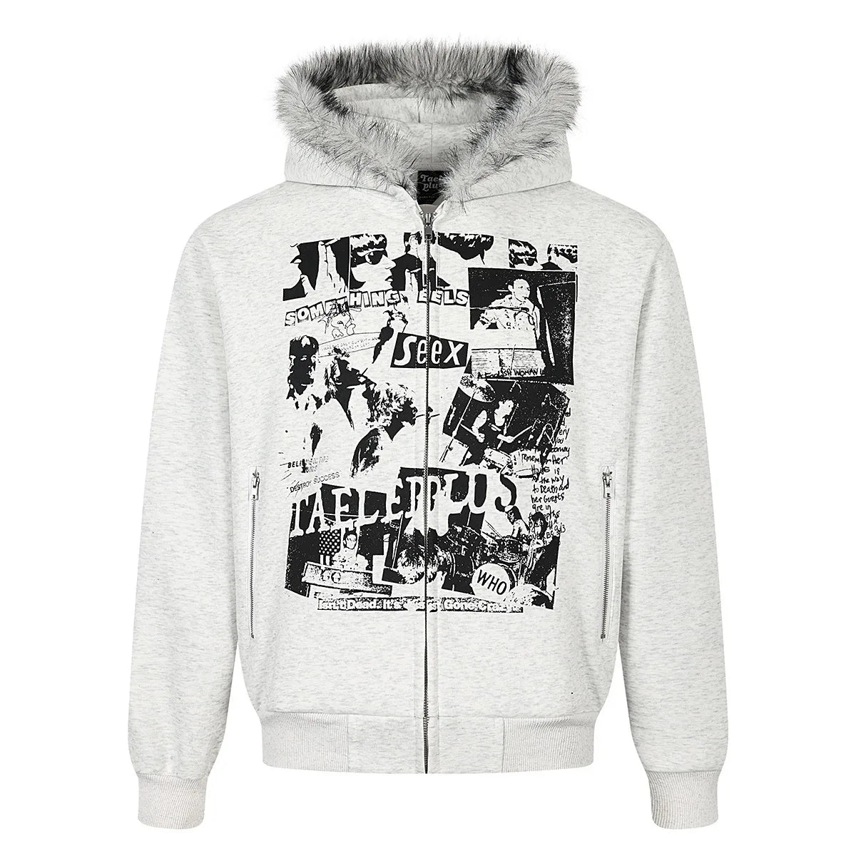 Unisex Retro Printed Hooded Jacket – Loose-Fit Long Sleeve Coat with Faux Fur Collar
