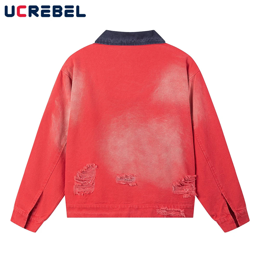 Block Cargo Jacket Mens Ripped Spring Retro High Street Long Sleeve Outerwear Men