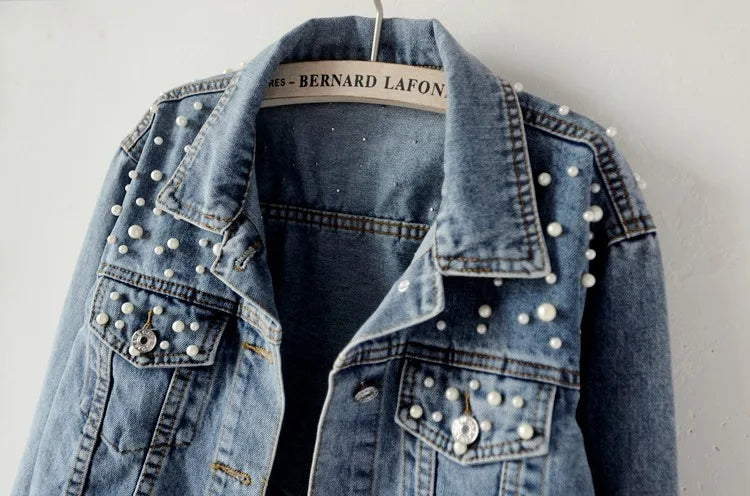 Women’s Beaded Denim Jacket – Loose Fit Embellished Winter Coat for Autumn & Winter