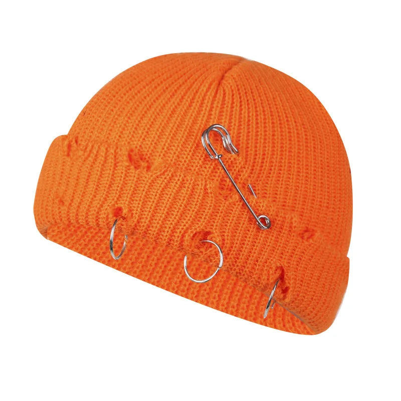 Women’s Y2K Gothic Beanie – Winter Knit Skull Cap with Metal Ring Detail, Harajuku Hip Hop Streetwear Hat