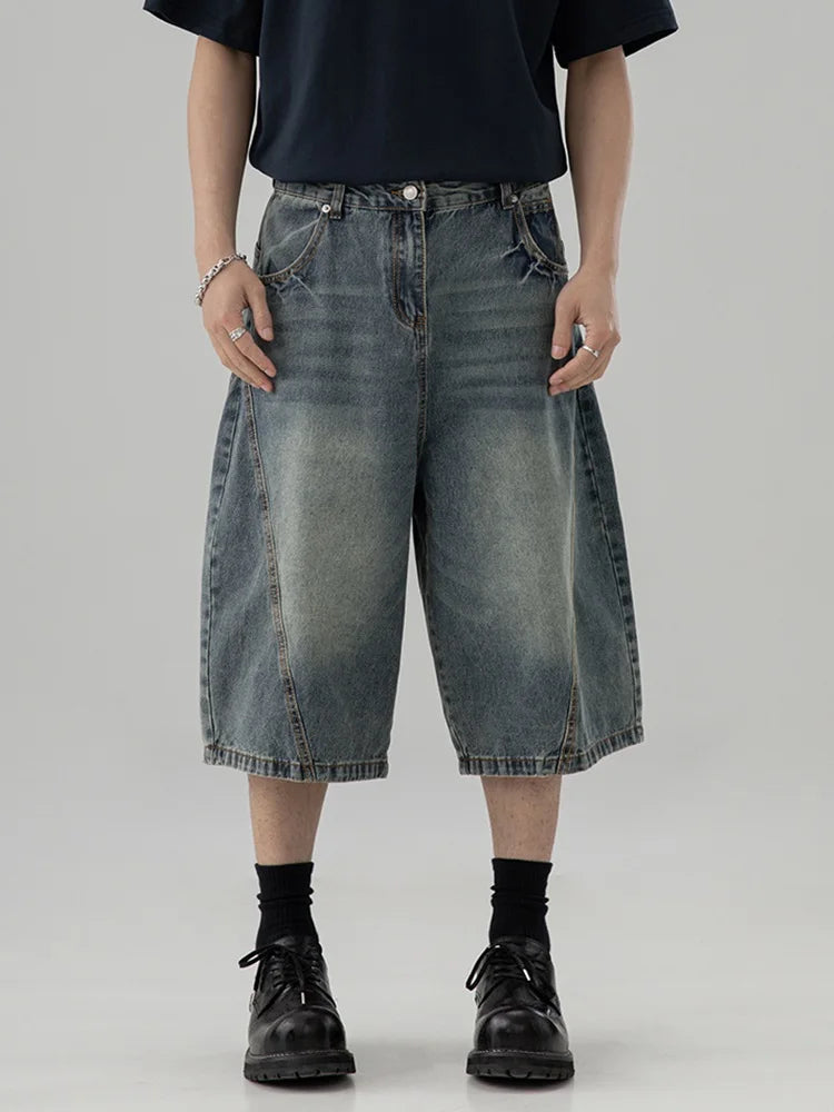 Men’s American Style Lightning Print Denim Shorts – Loose Straight-Leg Summer Jeans, Casual Wide-Leg Streetwear
