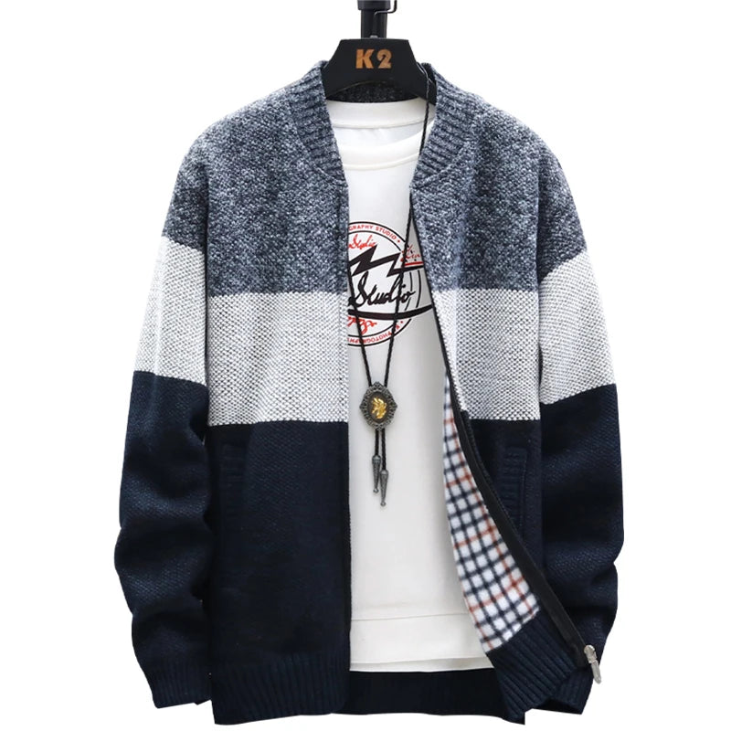 Men’s Winter Fleece Cardigan – Zipper Knit Sweater, Striped Casual Jacket