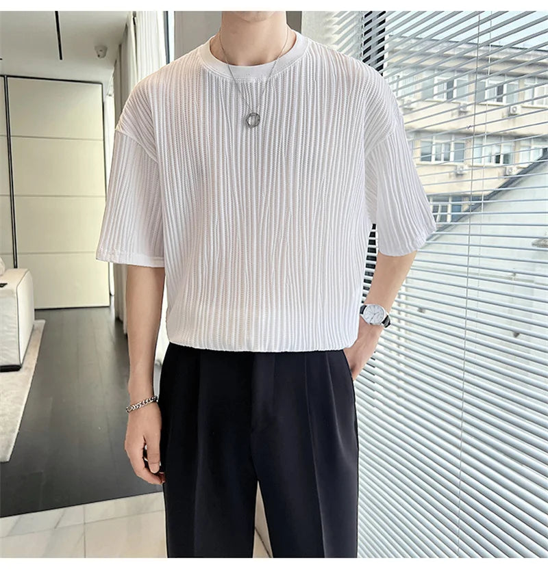 Men's Ice Silk Pleated T-Shirt – Casual Summer Crewneck Tee