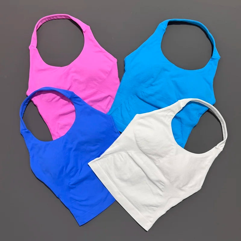 Women's Seamless Halterneck Longline Sports Tank Top – Ruched Gym Activewear