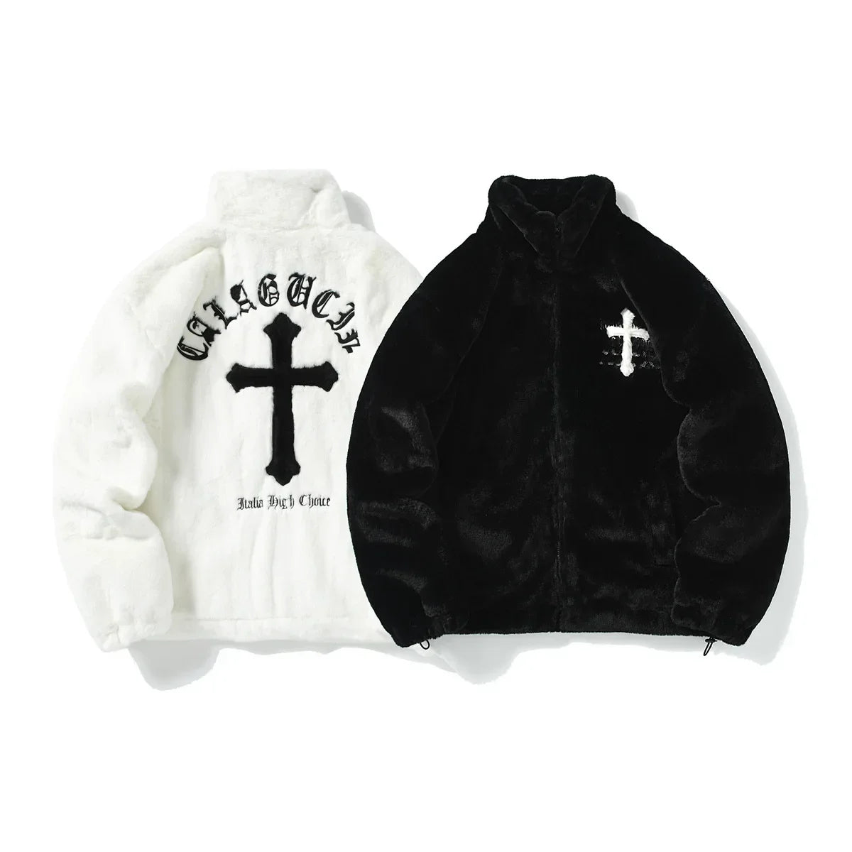 Men Rabbit Fur Jacket Coats Hip Hop Cross Letters Winter Fleece Jacket Streetwear Casual Harajuku Coat Zip Up Fashion Outerwear