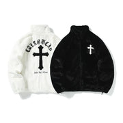 Men Rabbit Fur Jacket Coats Hip Hop Cross Letters Winter Fleece Jacket Streetwear Casual Harajuku Coat Zip Up Fashion Outerwear
