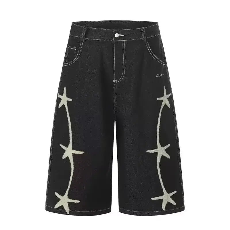 Unisex Retro Star Embroidered Denim Shorts – Loose Straight-Leg Casual 5/4 Jeans