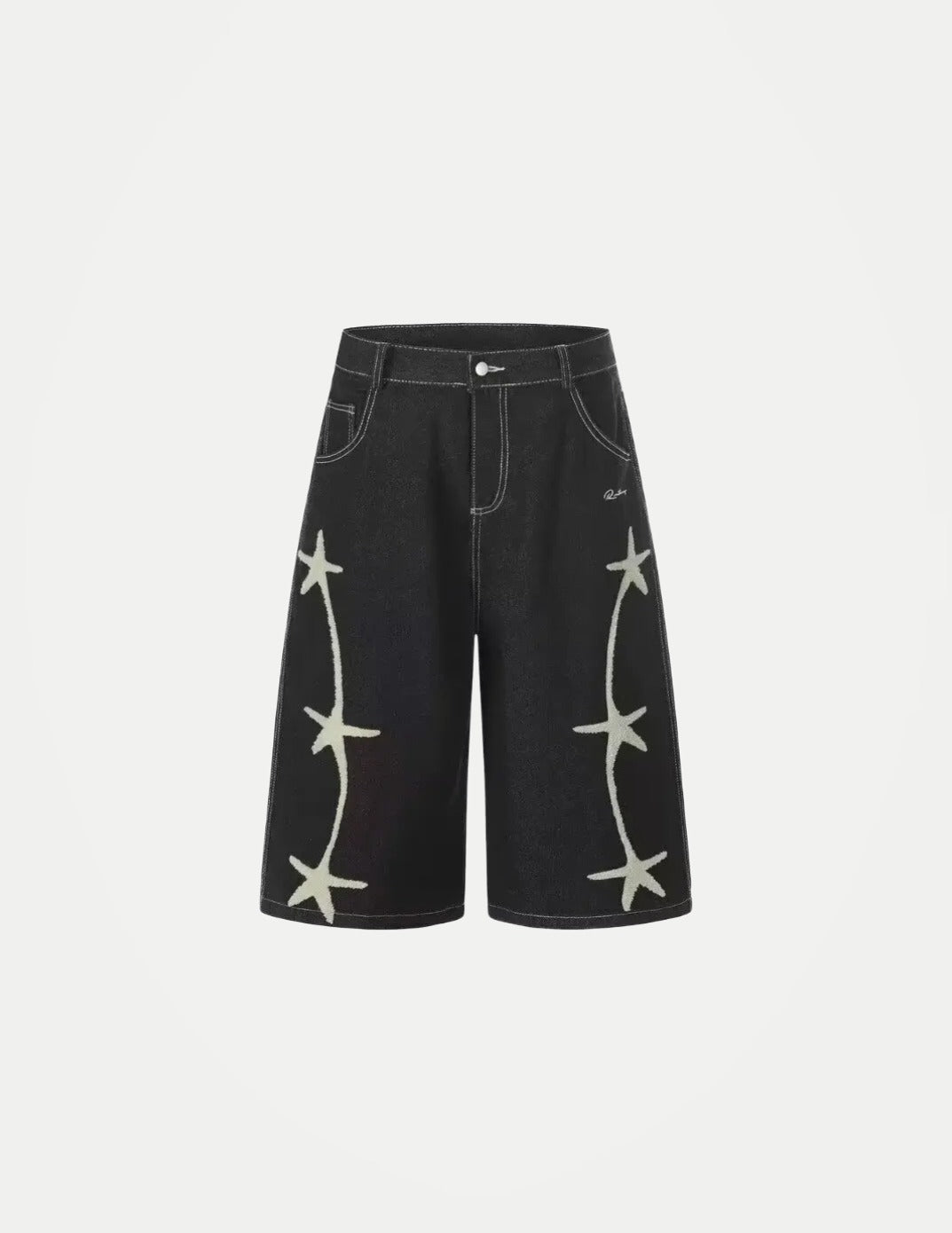 Unisex Retro Star Embroidered Denim Shorts – Loose Straight-Leg Casual 5/4 Jeans